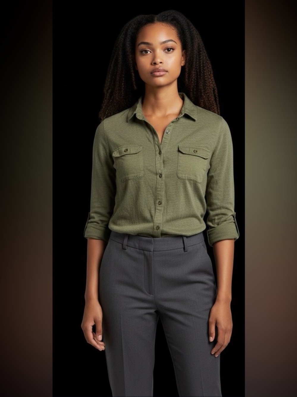 Olive Green Sigrid Olsen button-down linen  shirt. Size small